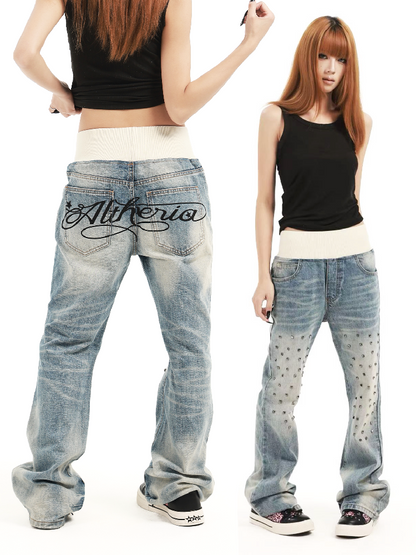 Patchwork Studded Straight Jeans【s0000018362】