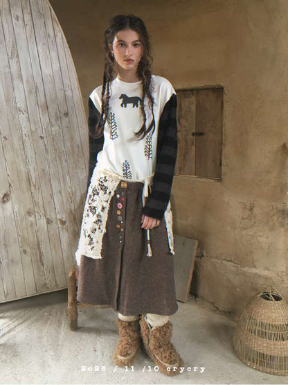 Striped Patchwork Pony Print T-Shirt【s0000014899】