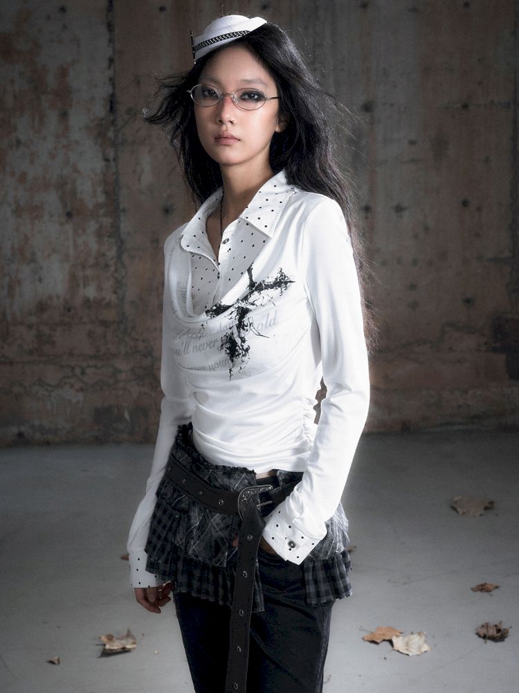 Plaid Tie-Dye Black Swing Neck Long Sleeve Blouse【s0000013887】