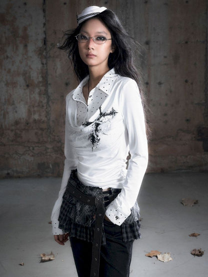 Plaid Tie-Dye Black Swing Neck Long Sleeve Blouse【s0000013887】