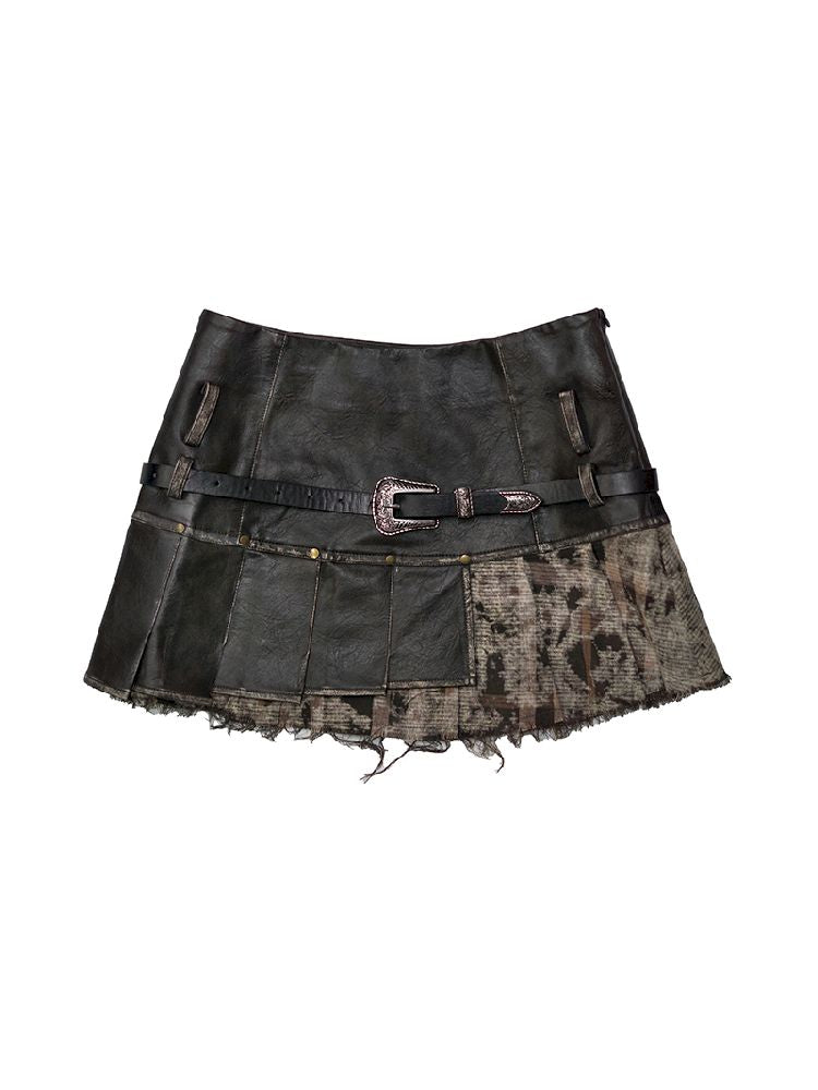 Leather Patchwork Plaid Pleated Skirt [S0000010751]