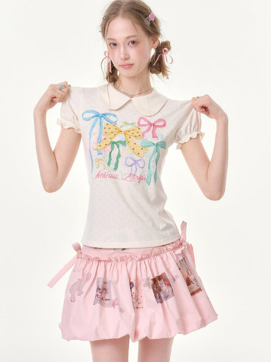 Puff Sleeve Bow Print T-Shirt【s0000016617】