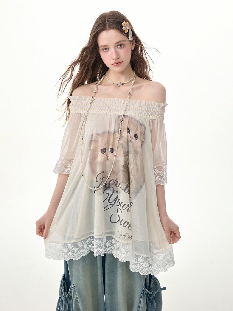 Lace Patchwork Cat Print T-Shirt【s0000017303】