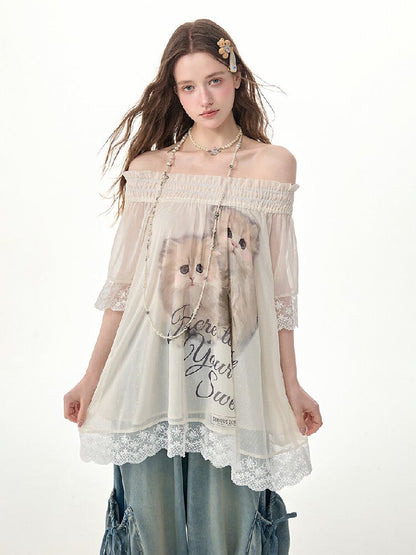 Lace Patchwork Cat Print T-Shirt【s0000017303】