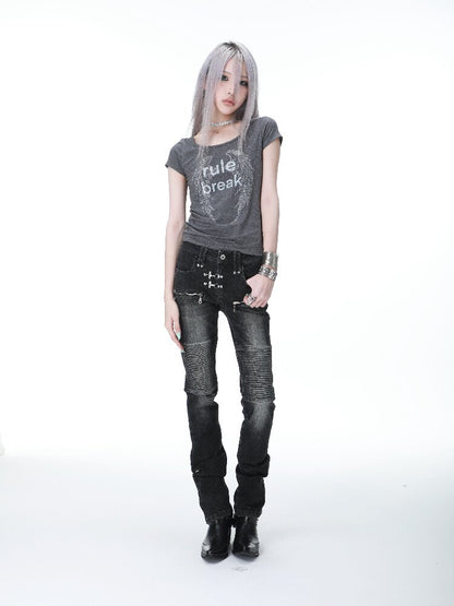 Washed Pleated Punk Denim Pants【s0000017297】