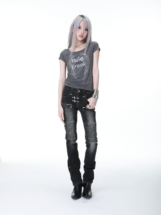 Washed Pleated Punk Denim Pants【s0000017297】