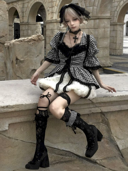 Plaid Lace Tie Bubble Sleeve Rose Set【s0000012437】