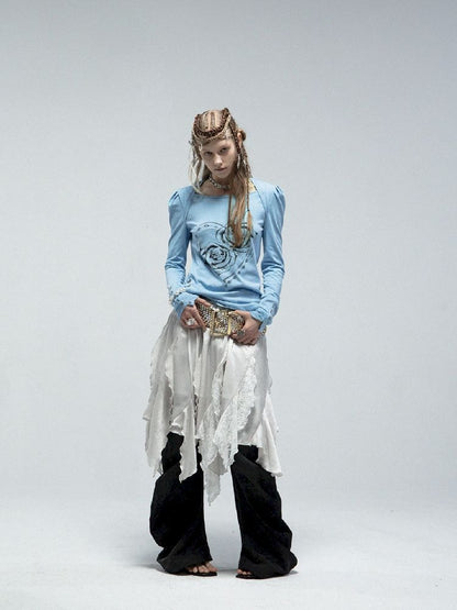 Bubble Sleeve Square Neck Printed Long Sleeve Tee【s0000011840】