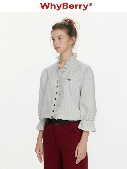 French V-neck Plaid Fungus Shirt【s0000015677】