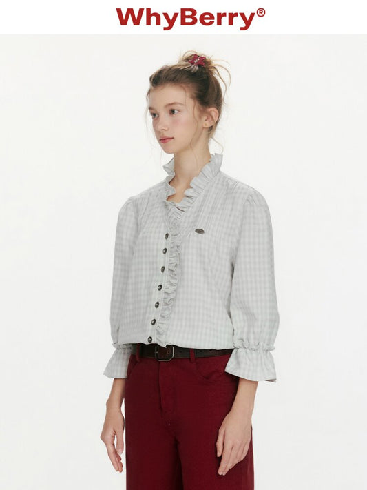 French V-neck Plaid Fungus Shirt【s0000015677】
