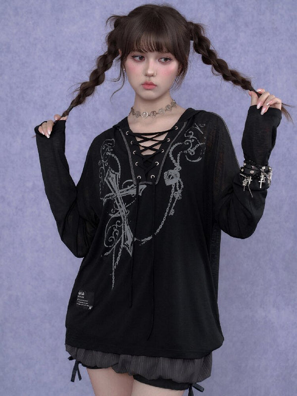 Dark Cross Print Strap Cardigan Hood【s0000017284】