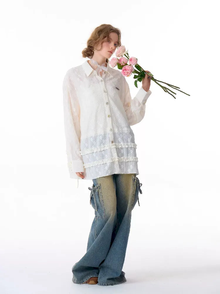 Waisted Lace Long Sleeve Blouse【s0000011680】