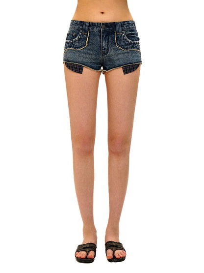 Riveted Plaid Fabric Denim Shorts【s0000017427】