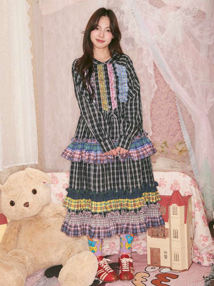 Colorful Lace Plaid Patchwork Black Dress【s0000014823】