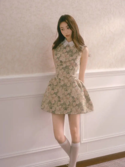 Rose Oil Painting Shirt Collar Sleeveless Dress【s0000014340】