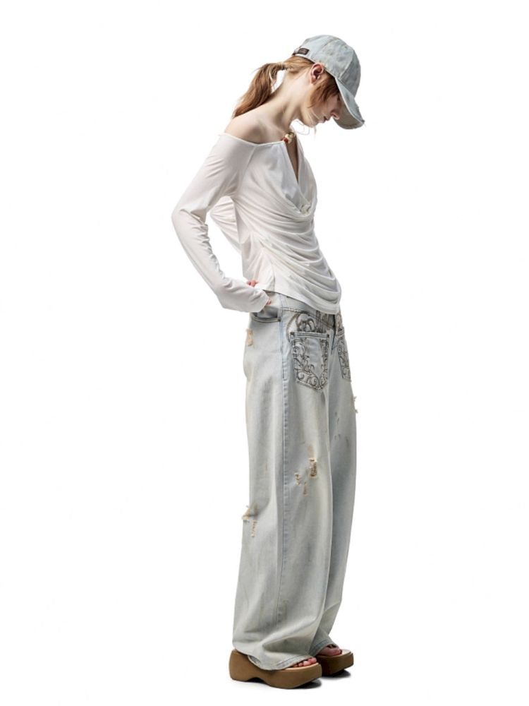 Beaded Swing Neck Strapless Long Sleeve Blouse【s0000012404】