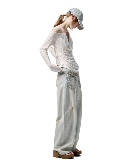 Beaded Swing Neck Strapless Long Sleeve Blouse【s0000012404】