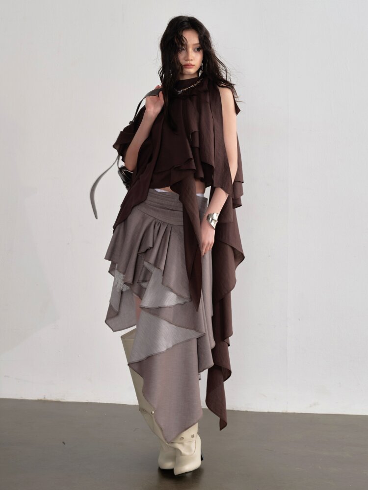Pleated Linen Lace Asymmetrical Skirt【s0000015691】