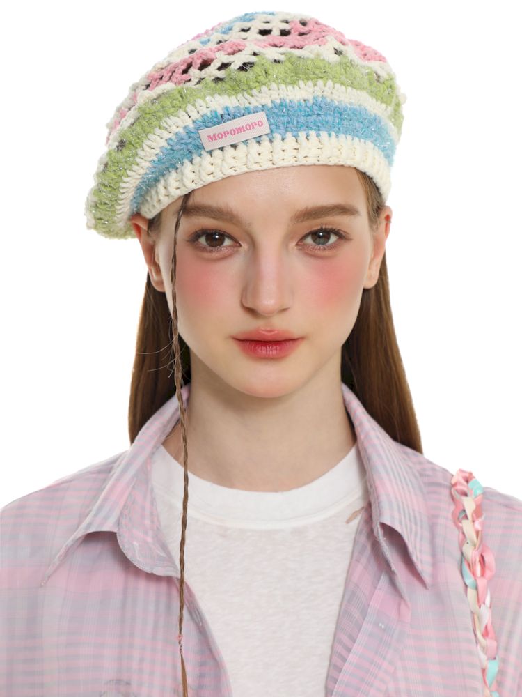 Fish scale pattern jacquard bow beret【s0000008686】