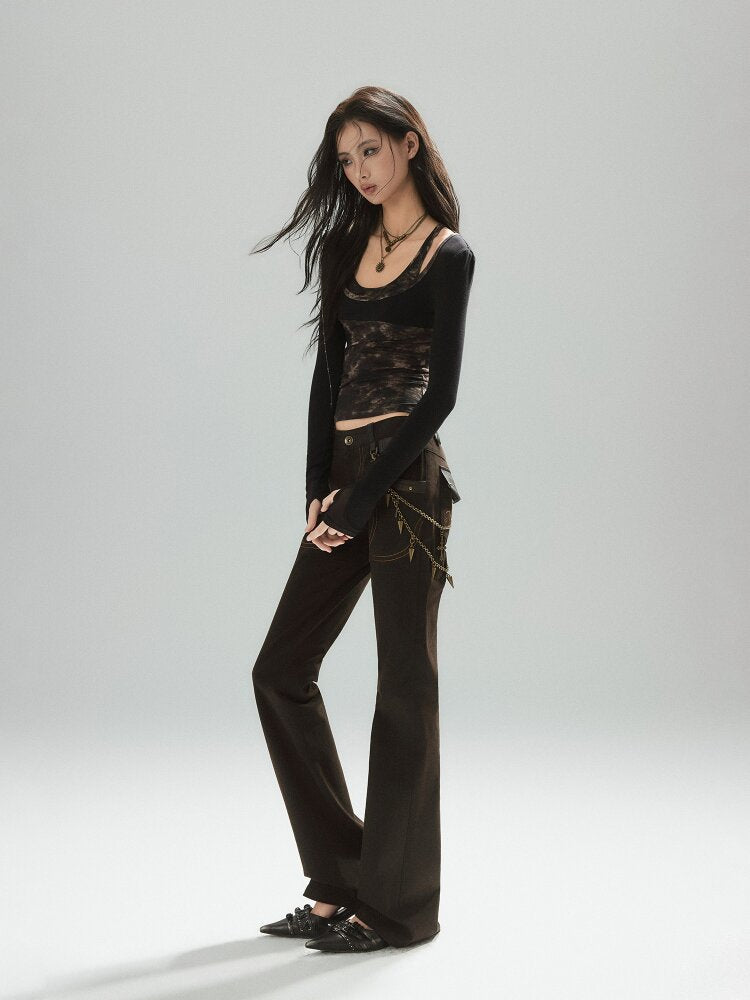 Coffee Low-Rise Leather Slacks【s0000015606】