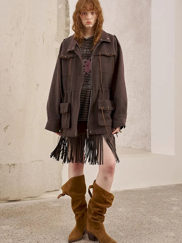 Embroidery Fringe Short Leather Skirt【s0000014045】
