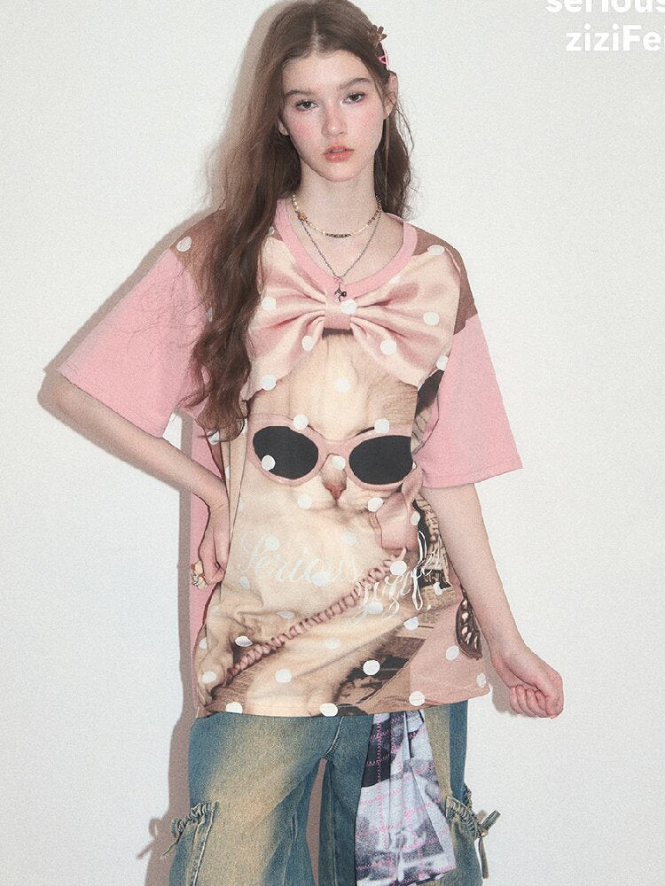 Wave Cat Print Loose Short Sleeve T【s0000017670】