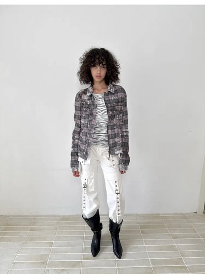 Distressed Plaid Denim Jacket【s0000014200】