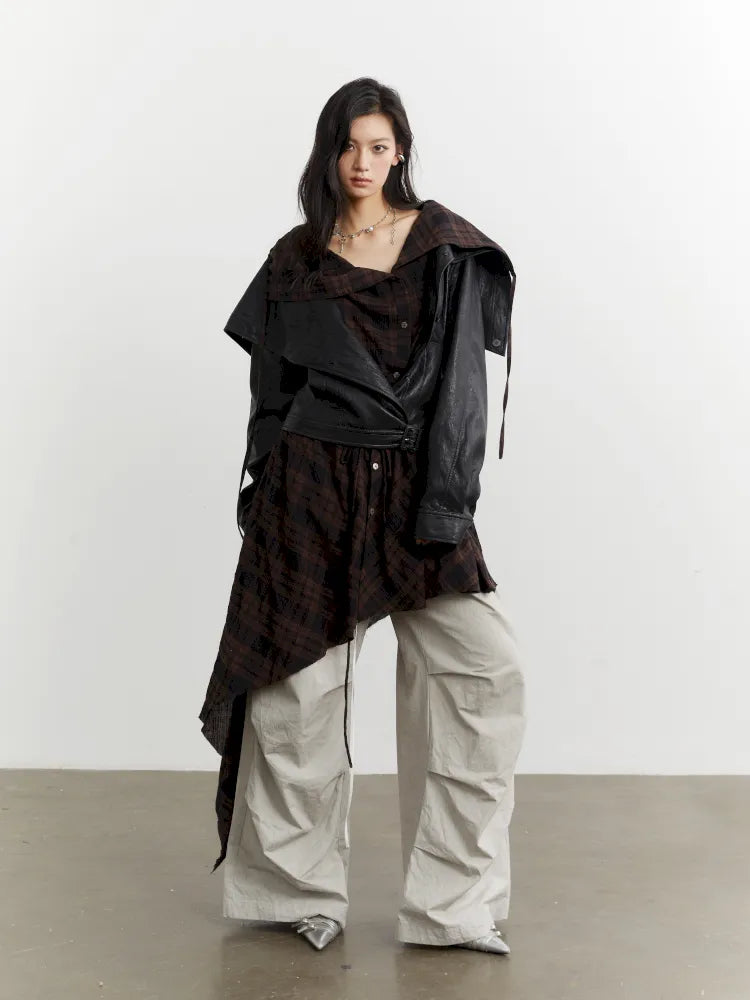 Plaid Apron Spliced Faux Leather PU Jacket【s0000014037】