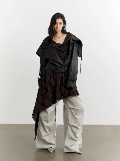 Plaid Apron Spliced Faux Leather PU Jacket【s0000014037】