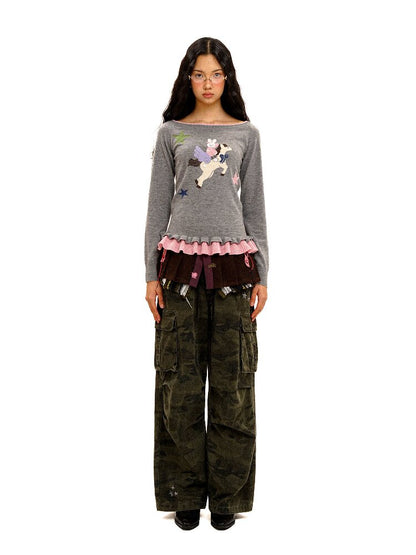 Lace Horse Rabbit Neckline Sweater【s0000016095】