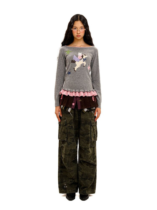 Lace Horse Rabbit Neckline Sweater【s0000016095】