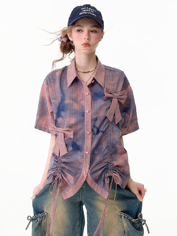 Distressed Plaid Bow Short Sleeve Shirt【s0000017755】