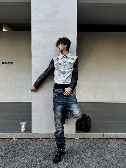 Distressed Denim Patchwork Pleated Jacket【s0000019270】