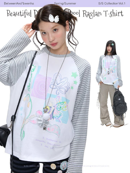 Loose Print Striped Raglan Top【s0000016378】
