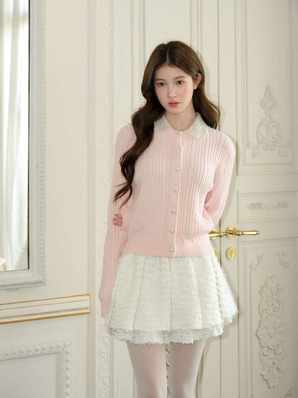 Pink Crochet Diamond Knit Cardigan【s0000015050】