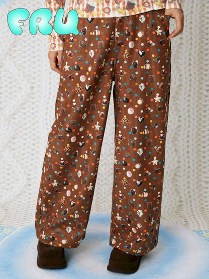 Candy Print Brown Corduroy Straight Pants【s0000014852】