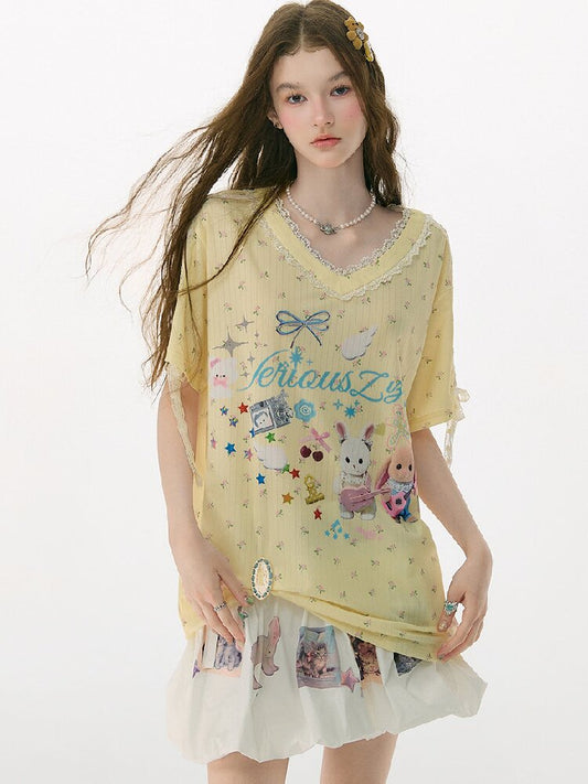 Childlike Cartoon Lace Floral T Shirt【s0000017156】