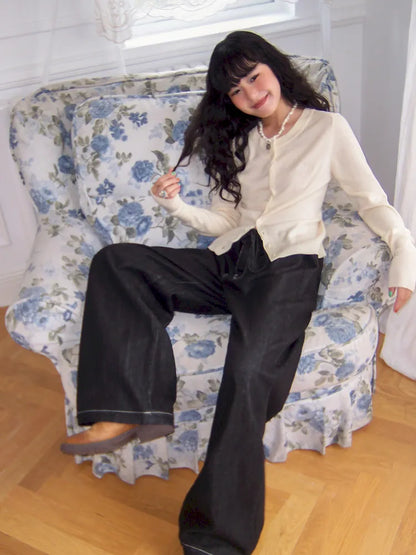 Washed elastic-waist wide-leg long jeans【s0000013990】
