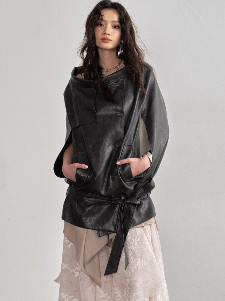 Vintage Brown PU Leather Cape Shawl【s0000015688】