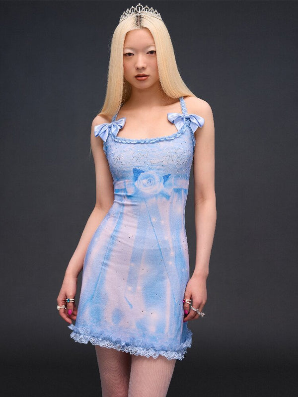 Rose Print Rhinestone Slip Dress【s0000017295】