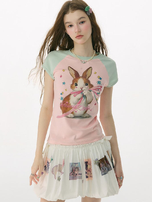 Summer Retro Contrast Rabbit T Shirt【s0000017159】