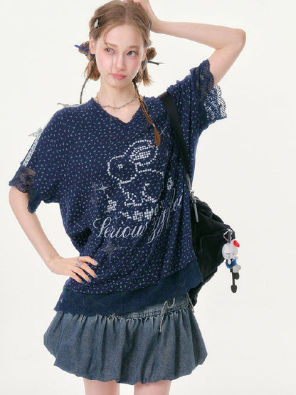 Dark Blue Rabbit Floral Lace T-Shirt【s0000016602】