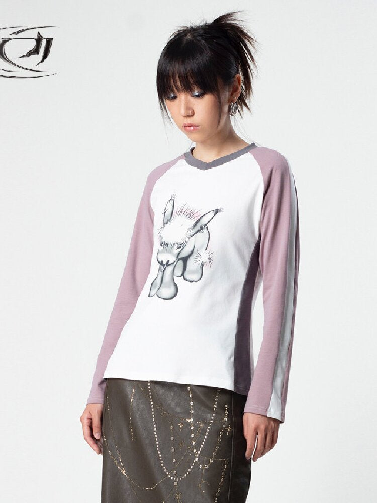 Distressed Contrast Long Sleeve Tee【s0000018043】