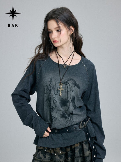 Washed Printed Rivet Knitted Top【s0000016261】