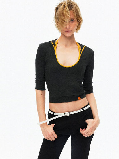 U-Neck Contrast Hooded Knit Top【s0000015918】