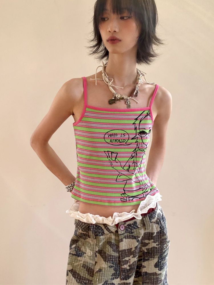Card-playing girl striped tank top【s0000012959】