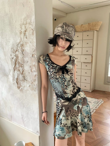 Vintage Leopard Floral Lace Dress【s0000018098】