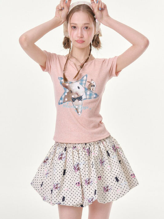 Print Small V Neck Slim T Shirt【s0000016621】
