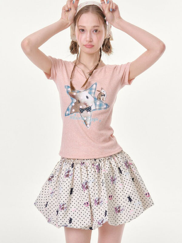 Print Small V Neck Slim T Shirt【s0000016621】