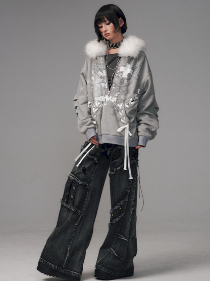 Tie-Front Printed Half-Zip Hoodie【s0000014452】